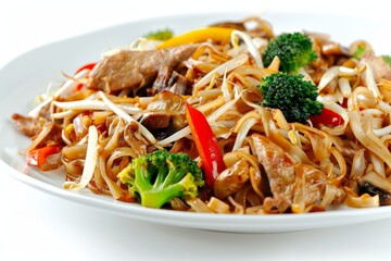 Plate of Gai Joh with Rice Noodles, Chicken, and Colorful Vegetables.