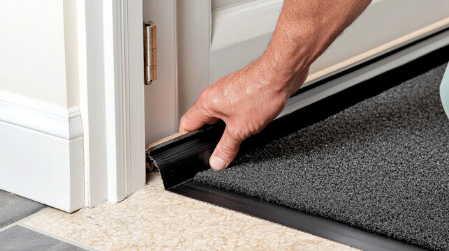 Close up of hand installing self adhesive rubber weatherstripping at door threshold, ensuring tight seal for energy efficiency and protection against drafts