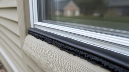 Obraz premium Proper weatherstripping preparation is essential for energy efficiency and comfort. This detailed shot showcases weatherstripping along window frame, highlighting its importance in preventing drafts