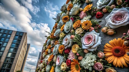 Floral Wall Texture of Fresh Roses and Gerbera Flowers in Urban Exploration Photography