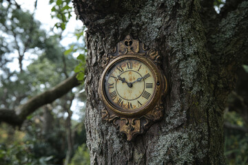 Naklejka premium A Charming Vintage Clock Uniquely Nestled on the Side of a Moss-Covered Tree in Nature's Embrace
