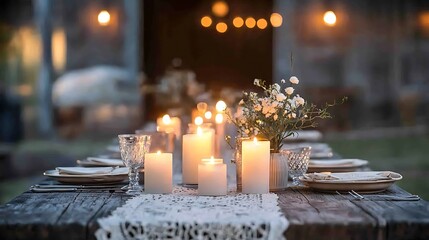 A charming rustic farm table decorated with glowing candles, vintage silverware, and lace tablecloth, with a softly blurred barn door in the background. The candlelight casts a gentle glow,