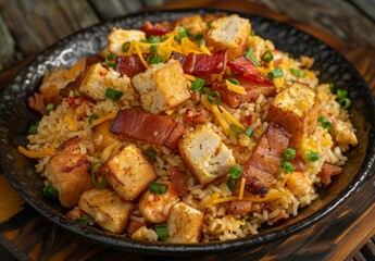 Fototapeta premium Sizzling Fried Rice Dish with Cheese and Crispy French Fries Topping