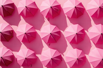 Obraz premium Pink umbrellas in the air, against a blue sky, dotted with white clouds. A vibrant burst of color in a clear and sunny day.