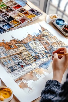 An artist paints a vibrant watercolour landscape of charming architecture during a sunny afternoon in a quaint studio