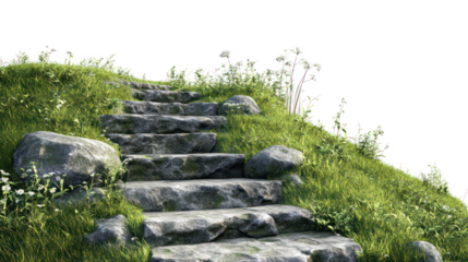 Stone Pathway on Green Hill - Natural Hiking Trail with Lush Grass and Rock Steps, Transparent Background