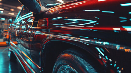 skilled craftsman is performing precision work on classic red car, showcasing intricate details and shiny finish. vibrant reflections and lighting enhance craftsmanship