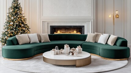 Fototapeta premium A beautifully decorated living room features a dark green sofa and a round table, creating a warm atmosphere for Christmas celebrations