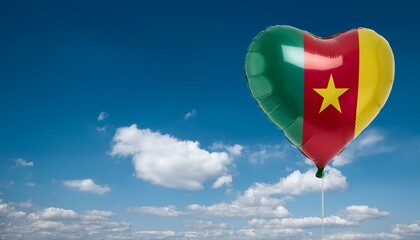 カメルーンの国旗のハート型の風船と青空(Cameroon flag heart-shaped balloon and blue sky.)
