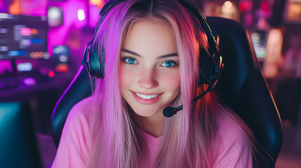 Young female gamer with pink hair and a headset smiles at the camera in a vibrant gaming environment. The colorful background lighting and high-tech equipment create an immersive, energetic atmosphere