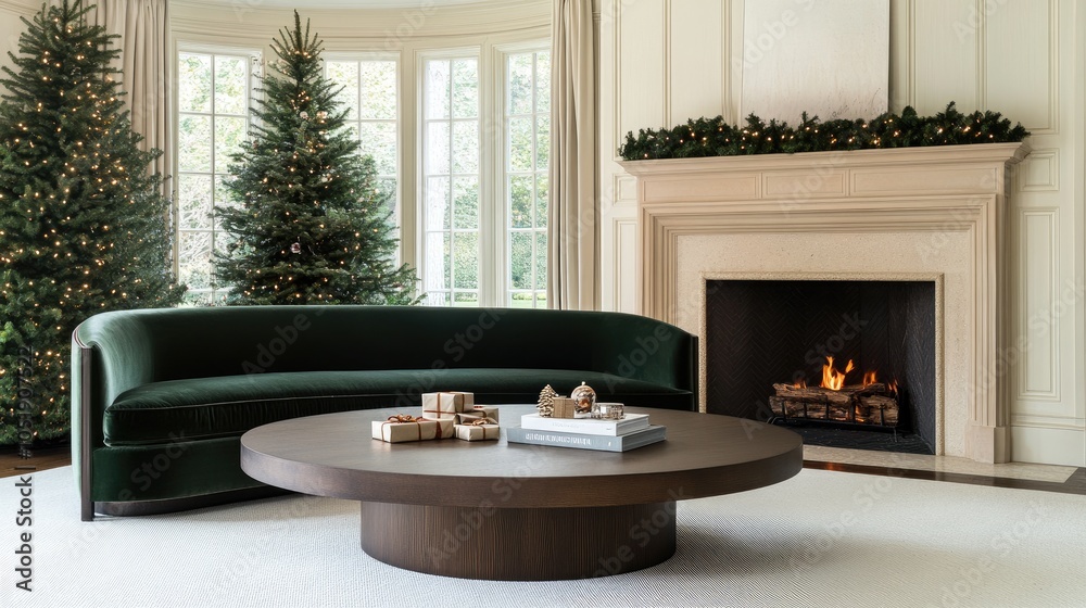 Canvas Prints A beautifully decorated living room features a dark green sofa and a round table, creating a warm atmosphere for Christmas celebrations.