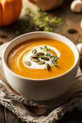  a unique style of pumpkin soup, making the dish both visually appealing and inviting for food media and restaurant promotions

