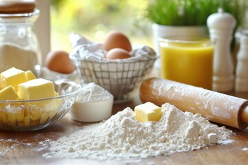 Fototapeta premium A vibrant kitchen counter filled with baking ingredients: flour, sugar, eggs, butter, and a rolling pin. The scene captures the joyful process of preparing homemade pastries in a cozy setting.