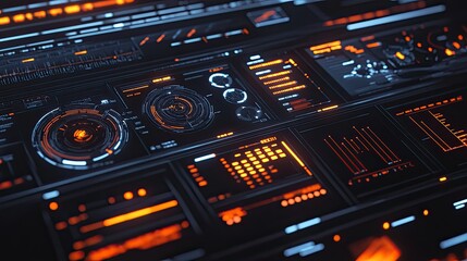 Naklejka premium A clean, futuristic digital interface showcasing automated business workflows through RPA, with key optimization tools glowing to highlight streamlined operations.