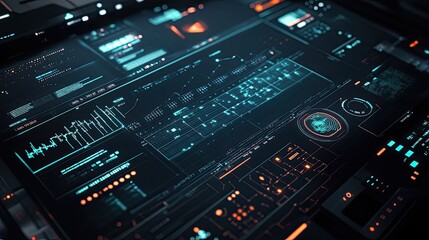 Obraz premium A clean, futuristic digital interface showcasing automated business workflows through RPA, with key optimization tools glowing to highlight streamlined operations.