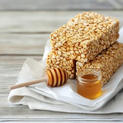 Freshly baked cereal bales with a small jar of honey