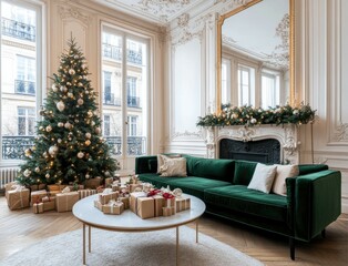 Fototapeta premium A beautifully decorated living room features a dark green sofa and a round table, creating a warm atmosphere for Christmas celebrations.
