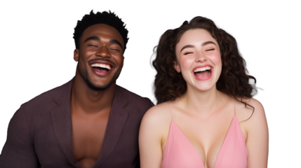 Joyful couple posing together on transparent background, laughing man and woman in casual wear