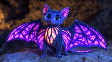 Fototapeta premium Cute Cartoon Bat with Glowing Wings in a Cave.