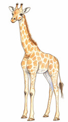 Obraz premium A simple, cute drawing of a giraffe for kids, with a long neck, big friendly eyes, and small horns.