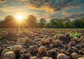 Wide-Angle View of Potatoes and Vegetables Growing in Soil