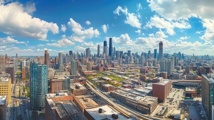 Fototapeta premium A panoramic cityscape with towering buildings, bridges, and urban parks, representing the heart of a growing urban area.
