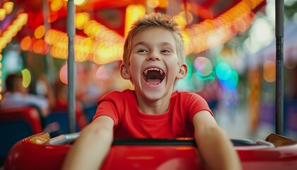Obraz premium A Day of Joy: Smiling Boy in Red T-Shirt at the Amusement Park