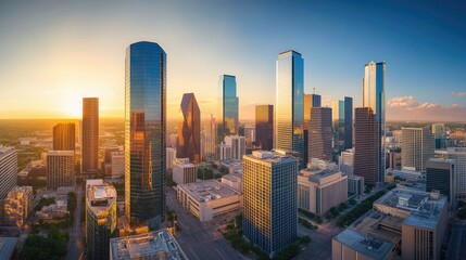 Obraz premium A panoramic shot of towering city buildings, captured at sunset, with warm light casting shadows across the urban landscape.