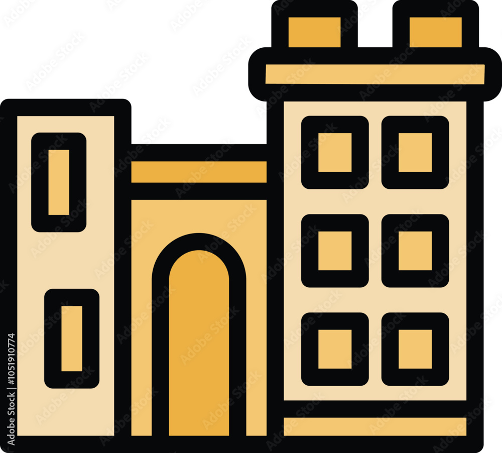 Poster minimalistic vector icon illustrating a building with an archway, suitable for various design projec