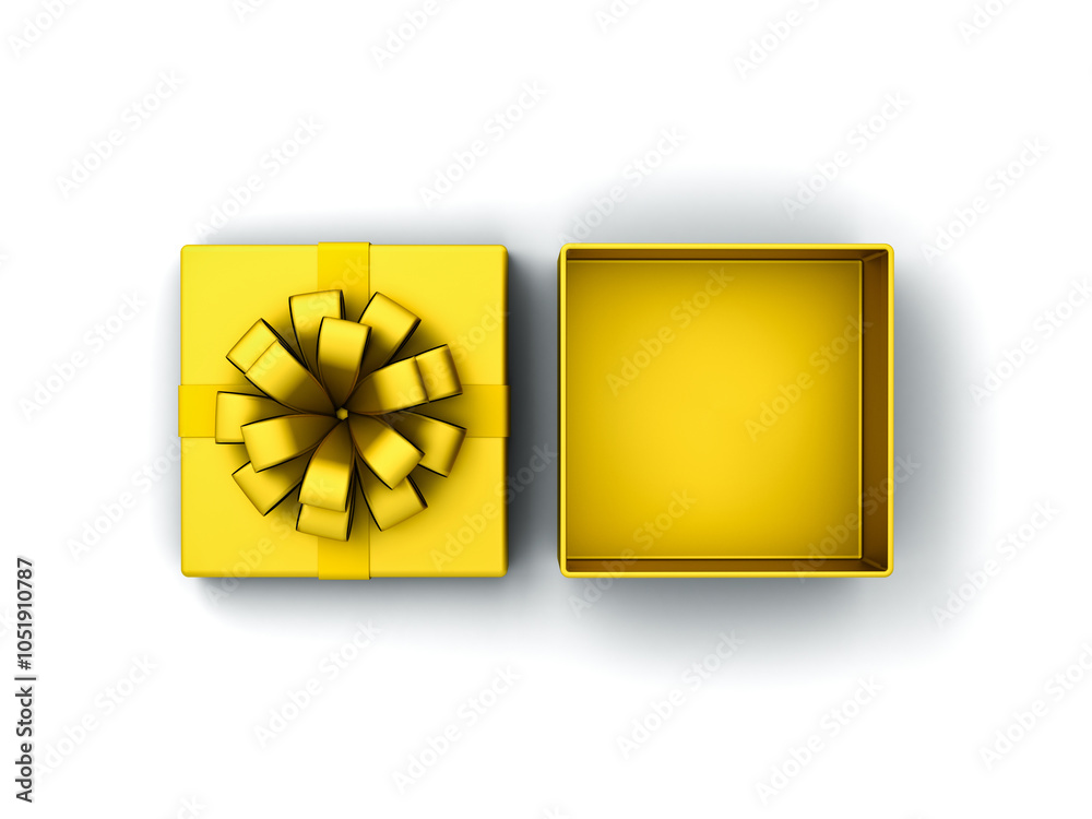 Poster top view of whole gold present box product display mockup showcase tied with golden ribbon bow or bl