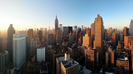 A panoramic shot of towering skyscrapers and urban buildings, framed by a clear sky, offering a dynamic view of city life.