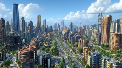 Obraz premium A panoramic view of an urban area with high-rises and busy streets, capturing the essence of city life and development.