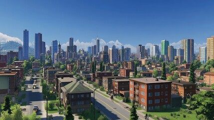 Obraz premium A panoramic view of an urban area with high-rises and busy streets, capturing the essence of city life and development.