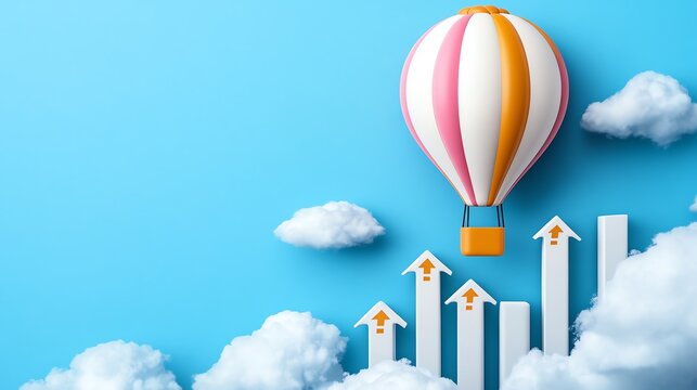 A vibrant hot air balloon soaring above clouds, symbolizing growth and new heights against a blue sky.