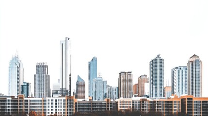 Obraz premium A panoramic view of an urban skyline, featuring a mix of commercial and residential buildings with a white background to emphasize structure and form.