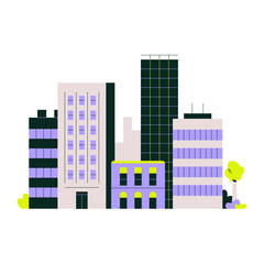 Obraz premium Skyscrapers in urban skyline, flat vector illustration symbolizing modern architecture, cityscape, and urban development, isolated on white background
