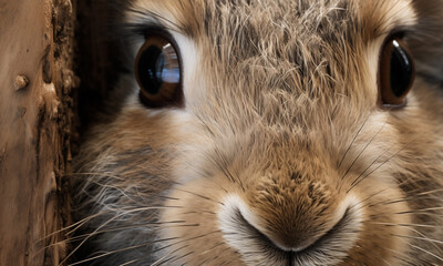 Gray rabbit or hare on black background. Close-up shot of pet's face. Concept design of Easter card, symbol of the year and cute forest pet