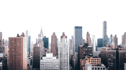 Obraz premium A panoramic view of modern skyscrapers and city buildings, isolated against a clean white background, showcasing urban architecture in detail.