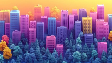 Obraz premium Colorful Cityscape with Pastel Skyscrapers and Trees