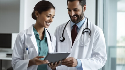 Fototapeta premium A female nurse and a male doctor are using a tablet computer for a digital medical record in a hospital.