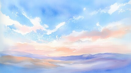 Serene watercolor landscape with soft clouds and pastel sky hues