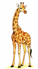 Naklejka premium A simple, cute drawing of a giraffe for kids, with a long neck, big friendly eyes, and small horns.