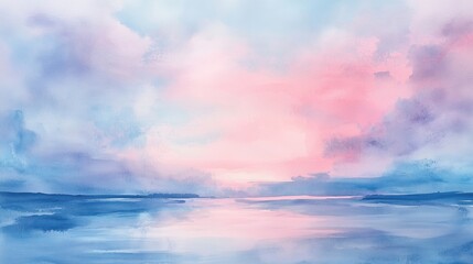 Obraz premium Serene watercolor sunset over calm water, soft pink and blue hues