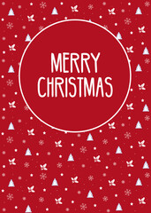 Christmas card with christmas tree, holly and snowflake. 2025 New Year. Year of the snake. Merry Christmas and Happy New Year. Red and white vector illustration.