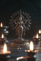 Fototapeta premium A brass sculpture of the dancing Laxmi with his hand on an oil lamp, surrounded by burning candles. In front of it is placed another golden halo with Nataraja's figure inside. The background is dark a