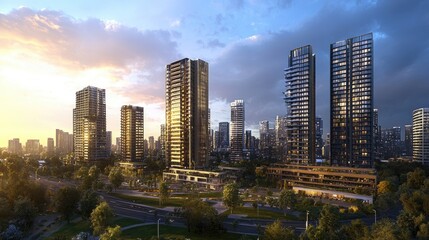 Obraz premium A sweeping panorama of modern skyscrapers and apartment buildings, capturing the energy and design of an ever-expanding urban environment.