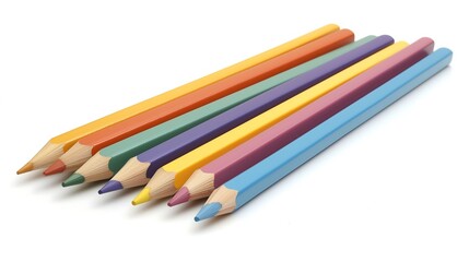 Fototapeta premium A collection of colorful pencils arranged on a clean, white background. The pencils are vibrant and varied in color, with sharp tips pointing in different directions to create an eye-catching composit