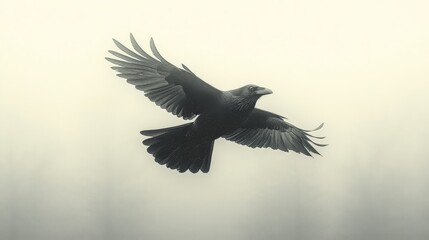 A single crow flying far above, a small black silhouette against a pale morning sky, photorealistic