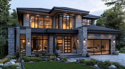 Obraz premium Modern two-story house with large windows and landscaped garden.