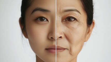 Side-by-side photo comparison betweenyoung and old asian woman face. 